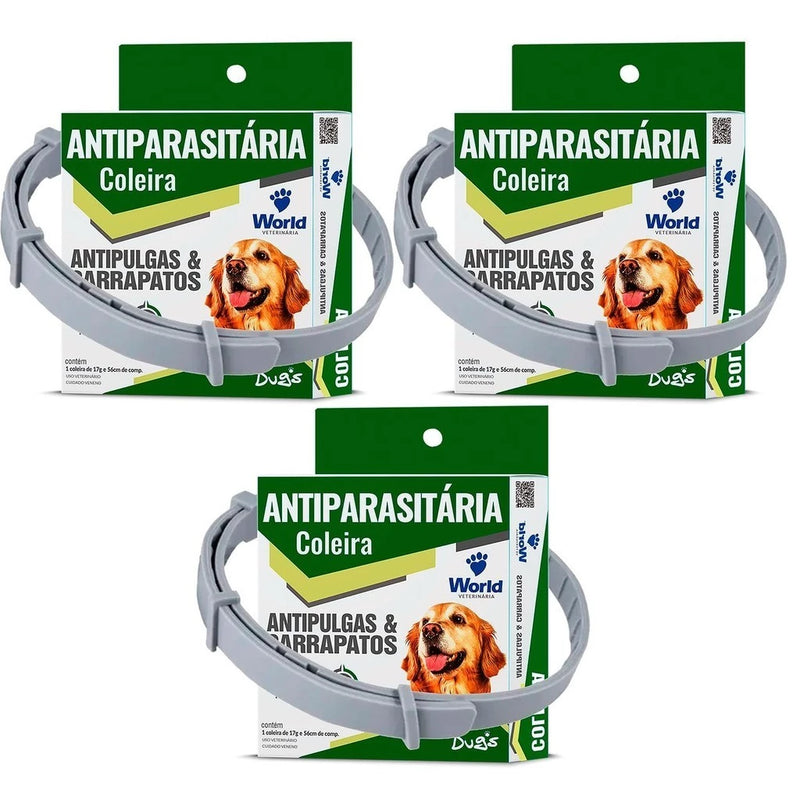 Coleiras antiparasitários Dug’s World kit com 3 coleiras - Últimas unidades